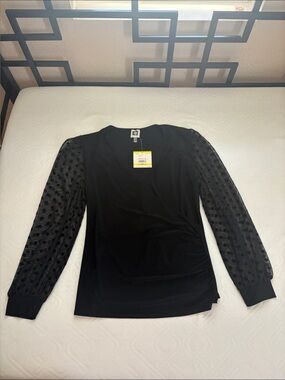 Anne Klein Black Sheer Polka Dot Puff-Sleeve Blouse